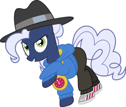 Size: 971x823 | Tagged: safe, artist:foxyfell1337, pinkie pie, original species, umbra pony, clothes, hat, hoodie, race swap, rapper pie, simple background, solo, transparent background