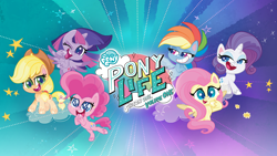 Size: 3840x2160 | Tagged: safe, applejack, fluttershy, pinkie pie, rainbow dash, rarity, twilight sparkle, alicorn, pegasus, pony, unicorn, g4.5, my little pony: pony life, official, high res, itunes, mane six, my little pony logo, twilight sparkle (alicorn)