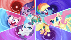 Size: 3840x2160 | Tagged: safe, applejack, fluttershy, pinkie pie, rainbow dash, rarity, twilight sparkle, alicorn, earth pony, pegasus, pony, unicorn, g4.5, my little pony: pony life, official, female, high res, itunes, mane six, mare, my little pony logo, twilight sparkle (alicorn)