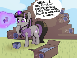 Size: 2873x2151 | Tagged: safe, artist:ahobobo, oc, oc only, oc:magna-save, pony, unicorn, series:princess cakes lifetime supply, clothes, competition, dialogue, eating, female, food, high res, jacket, levitation, magic, mare, princess cakes, telekinesis, weight gain, weight gain sequence