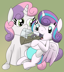 Size: 3360x3744 | Tagged: safe, artist:grassy blade, princess flurry heart, sweetie belle, oc, oc:violent tendency, alicorn, pony, unicorn, g4, baby, baby pony, bottle feeding, female, filly, filly pred, foal, high res, imminent vore, terrifying, unaware, unaware vore