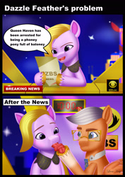 Size: 1920x2716 | Tagged: safe, artist:leonkay, dazzle feather, skye silver, pegasus, pony, g5, my little pony: a new generation, a phony pony full of baloney, breaking news, comic, dialogue, female, implied queen haven, male, mare, news, news pony, pun, silly, silly pony, solo, stallion, tangled up, television, tied in a knot, tongue out, tongue twister, zbs