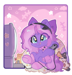 Size: 2043x2109 | Tagged: safe, artist:oofycolorful, oc, oc only, oc:lillybit, earth pony, pony, g4, adorkable, bow, clothes, controller, crt, cute, dork, female, gaming, gaming headset, headphones, headset, high res, ocbetes, ribbon, smiling, socks, solo, sparkly eyes, striped socks, television, wingding eyes