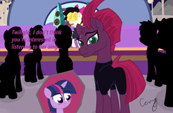 Size: 3800x2500 | Tagged: safe, artist:creepycutiemark, songbird serenade, tempest shadow, twilight sparkle, alicorn, pegasus, pony, unicorn, g4, my little pony: the movie, blushing, butt, canterlot castle, female, full moon, high res, hill, lesbian, looking at butt, male, mare, moon, night, plot, ship:tempestlight, shipping, stage, stallion, stars, text