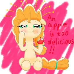 Size: 1500x1500 | Tagged: safe, artist:spahiro7, pear butter, earth pony, pony, g4, apple, blushing, female, filly, foal, food, solo, text, younger