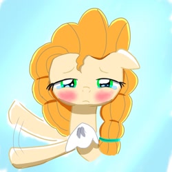 Size: 1500x1500 | Tagged: safe, artist:spahiro7, pear butter, earth pony, pony, g4, blushing, female, filly, foal, sad, solo, waving, younger