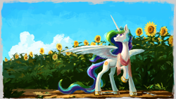 Size: 1920x1080 | Tagged: safe, artist:plainoasis, princess celestia, alicorn, pony, g4, blue sky, clothes, cloud, dirt, female, field, flower, flowing tail, happy, horn, missing accessory, multicolored hair, painting, path, plant, puddle, purple eyes, raised hoof, sandals, scarf, shoes, smiling, solo, spread wings, summer, sunflower, tail, wings