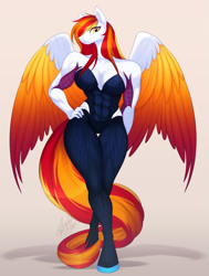 Size: 907x1200 | Tagged: safe, artist:scarlet-spectrum, oc, oc only, oc:diamond sun, pegasus, anthro, unguligrade anthro, absolute cleavage, anthro oc, big breasts, breasts, cleavage, colored wings, commission, female, ghost spider, long mane, long tail, looking at you, male, mare, marvel, muscles, muscular female, partially open wings, pegasus oc, spider-gwen, spider-man, spider-man: into the spider-verse, tail, wide hips, wings
