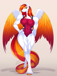 Size: 907x1200 | Tagged: safe, artist:scarlet-spectrum, oc, oc only, oc:diamond sun, pegasus, anthro, unguligrade anthro, anthro oc, big breasts, breasts, clothes, colored wings, commission, female, long mane, long tail, looking at you, mare, muscles, muscular female, one-piece swimsuit, partially open wings, pegasus oc, swimsuit, tail, wide hips, wings
