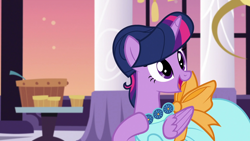 Size: 1920x1080 | Tagged: safe, screencap, twilight sparkle, alicorn, pony, g4, make new friends but keep discord, season 5, alternate hairstyle, beautiful, clothes, dress, female, folded wings, food, gala, gala dress, grand galloping gala, hair bun, jewelry, mare, necklace, open mouth, solo, table, twilight sparkle (alicorn), wings