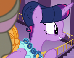 Size: 2174x1687 | Tagged: safe, screencap, discord, twilight sparkle, alicorn, pony, g4, make new friends but keep discord, season 5, clothes, cropped, cute, dress, gala dress, happy, offscreen character, smiling, solo focus, stairs, teeth, twiabetes, twilight sparkle (alicorn), waving