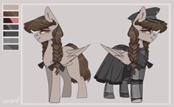Size: 2560x1574 | Tagged: safe, artist:tttips!, oc, oc only, oc:steelheart, pegasus, pony, armor, bow, brown hair, buttons, cap, cloak, clothes, ear piercing, female, hair bow, hat, mare, military uniform, palette, pegasus oc, piercing, red eyes, reference sheet, simple background, solo, uniform