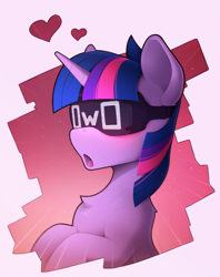 Size: 1600x2020 | Tagged: safe, artist:yakovlev-vad, twilight sparkle, pony, unicorn, g4, blushing, chest fluff, female, goggles, heart, horn, mare, open mouth, owo, slender, solo, sternocleidomastoid, thin, virtual reality, vr headset