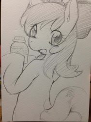 Size: 852x1136 | Tagged: safe, artist:amatukihiyoko, apple bloom, earth pony, pony, g4, female, filly, foal, food, jam, looking at you, looking back, looking back at you, solo, traditional art