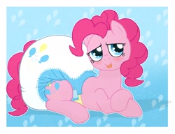 Size: 3000x2298 | Tagged: safe, artist:fillyscoots42, pinkie pie, earth pony, pony, g4, :p, blushing, diaper, diaper fetish, female, fetish, high res, looking at you, lying down, mare, non-baby in diaper, poofy diaper, prone, raspberry, solo, tongue out