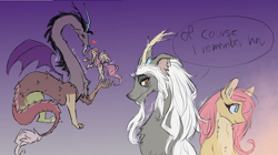 Size: 1830x1024 | Tagged: source needed, safe, artist:mortuss_mortem, idw, discord, fluttershy, draconequus, pegasus, pony, g5, spoiler:comic, spoiler:g5comic, cropped, crying, female, heart, immortality blues, male, old man discord, ship:discoshy, shipping, signature, straight, teary eyes