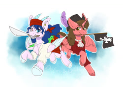 Size: 1280x905 | Tagged: safe, artist:delfinaluther, idw, oc, oc:delfina, oc:enmity, alicorn, bird, parrot, parrot pirates, pegasus, pony, g4, my little pony: friends forever, spoiler:comic, blue background, clothes, flag, hat, pirate, pirate hat, simple background, solo, sword, weapon