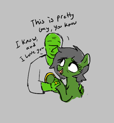 Size: 423x454 | Tagged: safe, artist:kabayo, oc, oc only, oc:anon, oc:filly anon, earth pony, human, pony, aggie.io, bust, dialogue, earth pony oc, female, gray background, happy, hug, human male, human oc, i love you, jewelry, lowres, male, mare, married, married couple, older, open mouth, ponerpics import, ring, simple background, smiling, talking, wedding ring