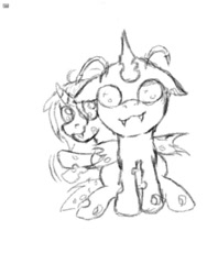Size: 503x670 | Tagged: safe, artist:andley, oc, oc only, oc:stargazer, oc:styx, changeling, :3, antennae, changeling oc, cute, duo, female, filly, foal, hiding, horn, insect wings, sitting, sketch, small, smiling, waving, waving at you, wings, young