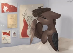 Size: 2560x1855 | Tagged: safe, artist:tttips!, oc, oc only, oc:cinnamon, cyborg, pegasus, pony, amputee, artificial wings, augmented, bed, brown hair, cyrillic, female, flag, hammer and horseshoe, mare, morning, pegasus oc, poster, prosthetic limb, prosthetic wing, prosthetics, russian, sleepy, solo, soviet, stalliongrad, translated in the description, wings, yawn