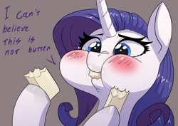 Size: 3508x2480 | Tagged: safe, artist:underpable, rarity, pony, unicorn, g4, blushing, cheek bulge, dialogue, eating, family guy, female, food, high res, i can't believe it's not butter, male, mare, parody, simple background, solo, tan background, teary eyes