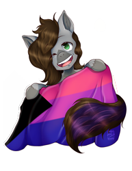 Size: 1700x2200 | Tagged: safe, artist:shaygoyle, oc, oc only, oc:cj vampire, earth pony, pony, bisexual pride flag, demi-bisexual, demisexual pride flag, holding, lgbt, looking at you, looking up, looking up at you, pride, pride flag, simple background, smiling, smiling at you, solo, transparent background