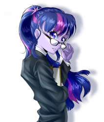 Size: 920x1080 | Tagged: safe, artist:gloomydinosaur, twilight sparkle, human, equestria girls, g4, anime, book, glasses, simple background, solo, white background