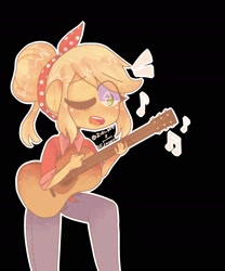 Size: 1554x1865 | Tagged: safe, artist:zuki, applejack, human, equestria girls, g4, black background, clothes, eye clipping through hair, female, guitar, music notes, musical instrument, one eye closed, open mouth, outline, simple background, solo