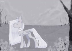 Size: 1600x1130 | Tagged: safe, artist:tttips!, oc, oc only, pegasus, pony, ash, depressed, ear fluff, female, jewelry, mare, medallion, necklace, pegasus oc, smoke, solo, tree, wasteland, white hair, wings