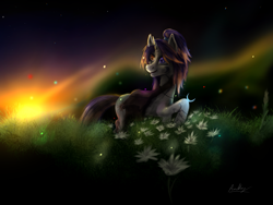 Size: 4000x3000 | Tagged: safe, artist:andley, oc, oc only, oc:shining dusk, firefly (insect), insect, bag, female, flower, heterochromia, mountain, open mouth, ponytail, saddle bag, smiling, solo, stars, sun, tattoo