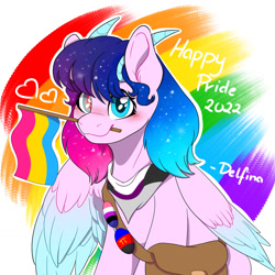 Size: 1280x1280 | Tagged: safe, artist:delfinaluther, oc, pegasus, pony, bag, demisexual pride flag, female, flag, genderfluid, girly, horns, lgbt, pansexual pride flag, polyamory, pride, pride flag, pride month, rainbow, rainbow background, smiling, solo