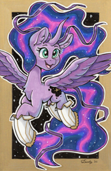 Size: 1743x2684 | Tagged: safe, artist:dandy, oc, oc only, oc:odyssey, alicorn, pony, alicorn oc, boots, chest fluff, commission, copic, ear fluff, ethereal mane, female, flying, happy, horn, missing limb, not twilight sparkle, open mouth, shoes, signature, solo, space, traditional art, wings