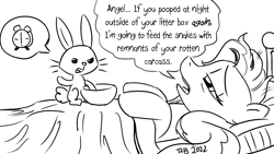 Size: 1200x675 | Tagged: safe, artist:pony-berserker, angel bunny, fluttershy, pony, rabbit, pony-berserker's twitter sketches, pony-berserker's twitter sketches (2022), g4, 2022, animal, bed, bed mane, black and white, bowl, clock, duvet, grayscale, in bed, monochrome, not in the mood, out of character, pillow