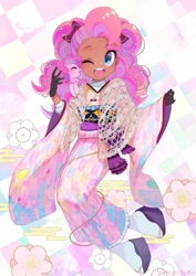 Size: 725x1024 | Tagged: safe, artist:yam, color edit, edit, editor:diameltzowo, pinkie pie, earth pony, human, pony, equestria girls, g4, bow, clothes, cute, dark skin, detailed background, eyes closed, female, flower, hair bow, humanized, kimono (clothing), kimono hime, looking at you, mare, one eye closed, open mouth, pretty, self paradox, self ponidox, shawl, skin color edit, solo, wink