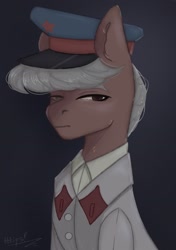 Size: 1520x2160 | Tagged: safe, artist:tttips!, oc, oc only, oc:mahov, earth pony, pony, ashes town, brown eyes, cap, clothes, earth pony oc, eye scar, gorget patches, grey hair, hat, looking at you, male, nkvd, red star, scar, soviet, stallion, stalliongrad, uniform