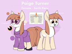 Size: 2600x1975 | Tagged: safe, artist:moonatik, oc, oc only, oc:paige turner (bizarre song), earth pony, pony, book, braces, candle, clothes, coat markings, cutie mark, earth pony oc, female, glasses, grin, hooves, mare, nerd, nerd pony, pink background, reference sheet, round glasses, shoes, simple background, skirt, smiling, solo, standing, sweater