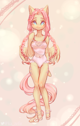 Size: 1012x1578 | Tagged: safe, artist:zefirka, fluttershy, pegasus, anthro, unguligrade anthro, alternate hairstyle, belly button, braid, clothes, cute, female, looking at you, mare, one-piece swimsuit, see-through, shyabetes, smiling, smiling at you, solo, swimsuit, twin braids