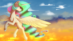 Size: 3840x2160 | Tagged: safe, artist:thebatfang, princess celestia, alicorn, pony, g4, female, flying, high res, mare, sky, smiling, solo, spread wings, sun, wings