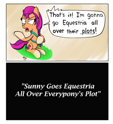 Size: 1650x1800 | Tagged: safe, artist:ebbysharp, sunny starscout, earth pony, pony, g5, 2 panel comic, comic, female, it's always sunny in philadelphia, mare, open mouth, solo, speech bubble