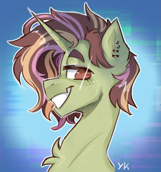 Size: 1629x1742 | Tagged: safe, artist:yumkandie, oc, oc only, oc:regalis domini, pony, unicorn, bust, freckles, male, piercing, solo, stallion