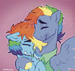 Size: 2224x2103 | Tagged: safe, artist:yumkandie, bow hothoof, rainbow dash, pegasus, pony, g4, bushy brows, duo, ear piercing, earring, eyebrow piercing, father and child, father and daughter, father's day, female, high res, hug, jewelry, male, nose piercing, nose ring, piercing, thick eyebrows, wholesome