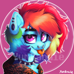 Size: 3500x3500 | Tagged: safe, artist:yumkandie, rainbow dash, pegasus, pony, g4, :p, alternate hairstyle, bushy brows, bust, choker, clothes, ear piercing, eyebrow piercing, gauges, high res, hoodie, nose piercing, nose ring, piercing, punk, solo, spiked choker, thick eyebrows, tongue out, tongue piercing