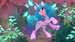 Size: 1920x1080 | Tagged: safe, artist:kez, izzy moonbow, butterfly, pony, unicorn, g5, 1920x1080, :p, bracelet, bridlewood, cute, ear fluff, eyebrows, eyebrows visible through hair, female, forest, izzybetes, jewelry, leg fluff, mare, rearing, smiling, solo, tongue out, tree