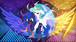 Size: 3840x2160 | Tagged: safe, artist:laszlvfx, artist:starcollider, edit, princess celestia, princess luna, alicorn, pony, g4, duo, duo female, female, high res, royal sisters, siblings, sisters, wallpaper, wallpaper edit