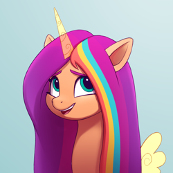 Size: 1000x1000 | Tagged: safe, artist:luminousdazzle, sunny starscout, alicorn, pony, alicorn issues, g5, my little pony: tell your tale, spoiler:g5, spoiler:my little pony: tell your tale, spoiler:tyts01e14, bust, cute, long mane, looking up, loose hair, mane stripe sunny, portrait, race swap, screencap reference, simple background, small wings, solo, sunnybetes, sunnycorn, wings