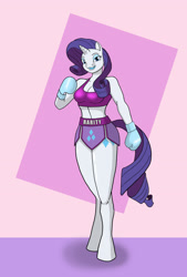 Size: 1836x2712 | Tagged: safe, artist:mgckfight, rarity, unicorn, anthro, unguligrade anthro, g4, abstract background, boxing, boxing gloves, breasts, busty rarity, clothes, female, mouth guard, smiling, solo, sports, sports bra, trunks