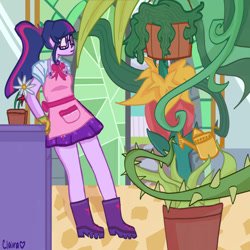 Size: 1280x1281 | Tagged: safe, artist:midnight-deaththekid, sci-twi, twilight sparkle, human, equestria girls, equestria girls series, g4, my little shop of horrors, apron, boots, celestia's house, clothes, flower, plants, shoes, watering can