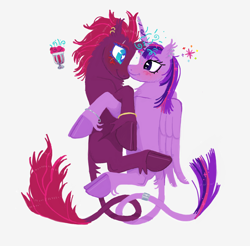 Size: 2684x2640 | Tagged: safe, artist:universalheart, tempest shadow, twilight sparkle, alicorn, classical unicorn, pony, unicorn, g4, blushing, broken horn, cloven hooves, cuddling, female, high res, horn, leonine tail, lesbian, looking at each other, looking at someone, mare, ship:tempestlight, shipping, simple background, twilight sparkle (alicorn), unshorn fetlocks, white background