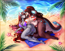 Size: 3795x2984 | Tagged: safe, artist:minamikoboyasy, oc, oc only, oc:chalice(furry), oc:selune darkeye, cobra, rattlesnake, snake, starfish, unicorn, anthro, plantigrade anthro, anthro oc, ass, beach, beach towel, belly button, belly piercing, big breasts, bikini, bikini bottom, bikini top, bisexual pride flag, body markings, bow, breast squish, breasts, butt, clothes, coat markings, couple, duo, duo female, duo focus, ear fluff, facial markings, female, furry, furry oc, hair, hair bow, high res, horn, large butt, leaning forward, looking at each other, looking at someone, loose hair, lying down, mealy mouth (coat marking), nail polish, nails, ocean, on side, palm tree, piercing, pride, pride flag, redhead, sand, scales, seashell, shore, sparkling, swimsuit, tail, thicc thighs, thighs, toenail polish, towel, tree, unicorn horn, unicorn oc, water, wide hips