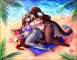 Size: 3795x2984 | Tagged: safe, alternate version, artist:minamikoboyasy, oc, oc only, oc:chalice(furry), oc:selune darkeye, cobra, rattlesnake, snake, starfish, unicorn, anthro, plantigrade anthro, anthro oc, ass, beach, beach towel, belly button, belly piercing, big breasts, bikini, bikini bottom, bikini top, bisexual pride flag, body markings, bow, breast squish, breasts, butt, clothes, coat markings, couple, duo, duo female, duo focus, ear fluff, facial markings, female, furry, furry oc, hair, hair bow, horn, large butt, leaning forward, lesbian, looking at each other, looking at someone, loose hair, lying down, mealy mouth (coat marking), milf, nail polish, nails, ocean, on side, palm tree, piercing, pregnant, pregnant edit, pride, pride flag, redhead, sand, scales, seashell, shore, sparkling, swimsuit, tail, thicc thighs, thighs, toenail polish, towel, tree, unicorn horn, unicorn oc, wall of tags, water, wide hips
